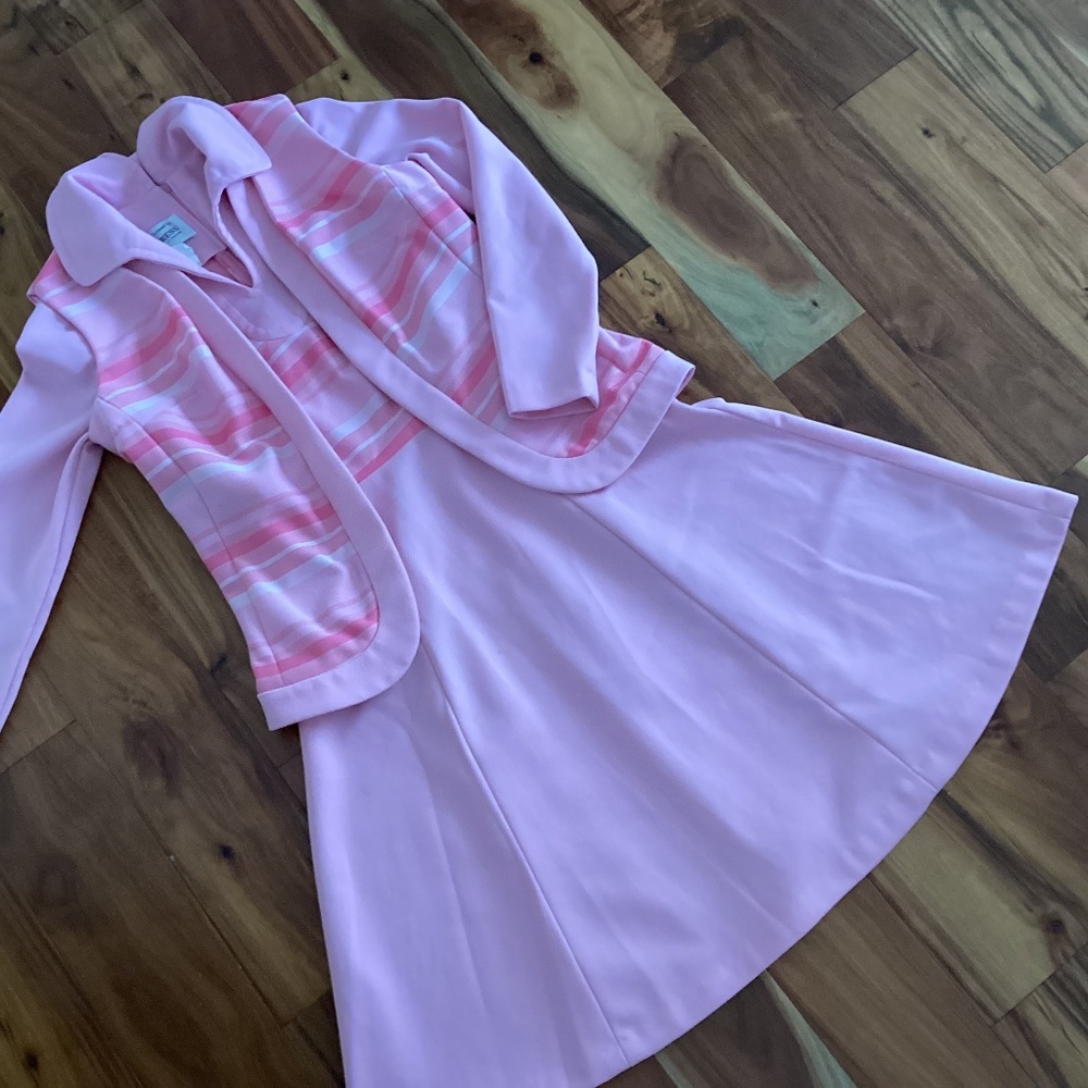 Pretty in Pink 1970s polyester double knit dress with matching vest